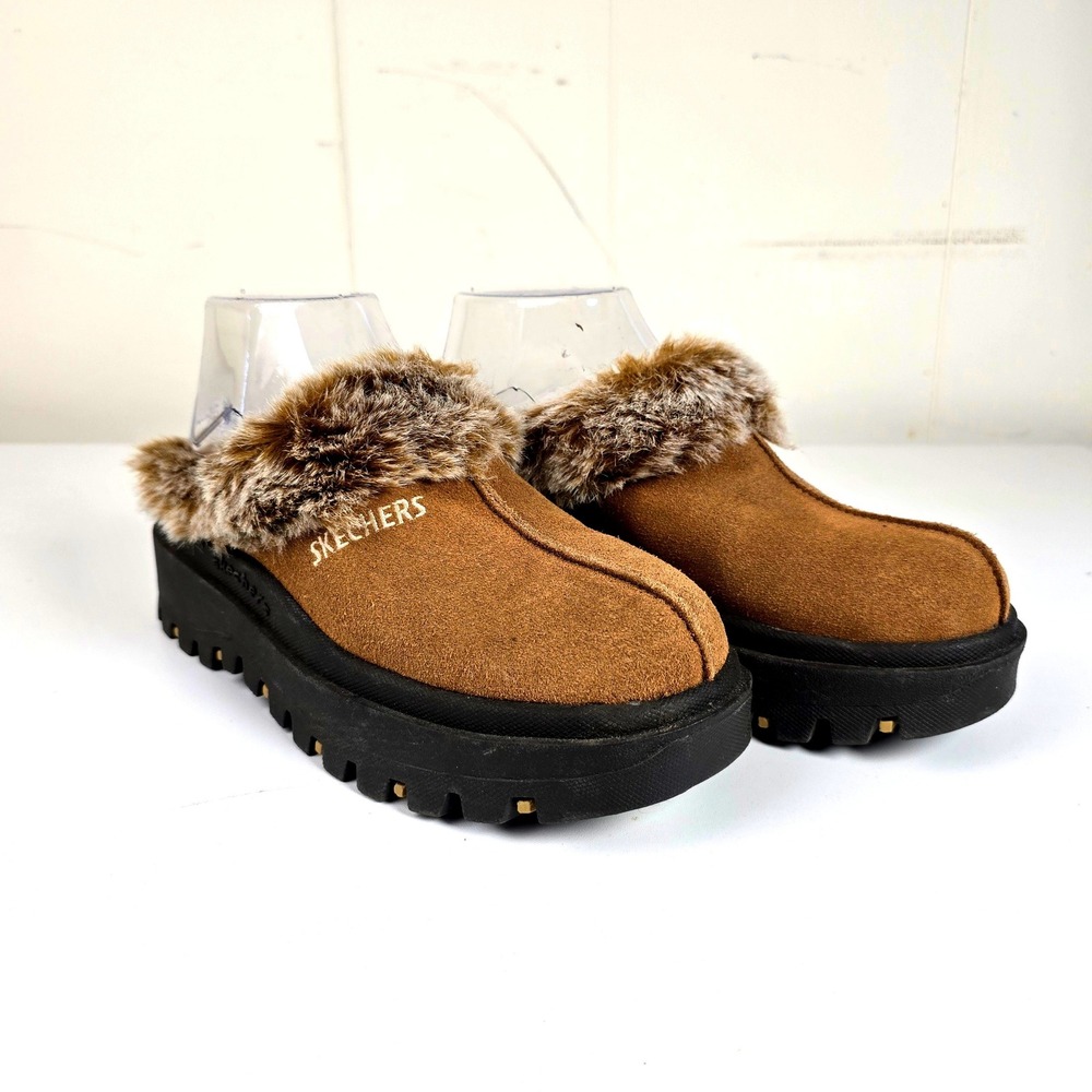 Skechers Clog Y2K Jammers Brown Suede Faux Fur Trim Lug Sole Mules Women Sz 6.5